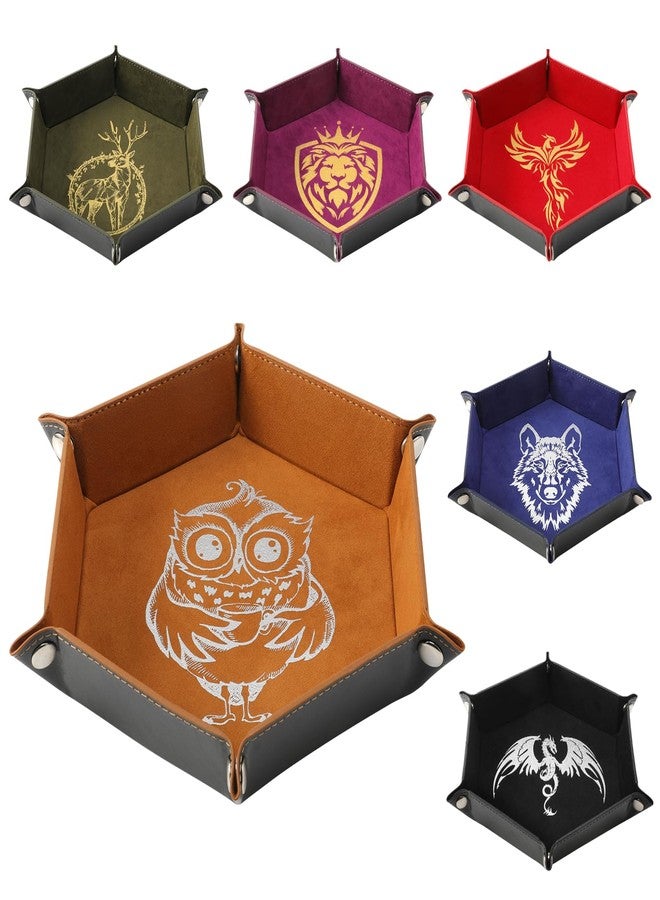 Grajar 6 Pcs DND Dice Tray with Animals Pattern for RPG D&D Table Games - Folding PU Leather and Velvet Rolling Holder Storage Box - Image 1